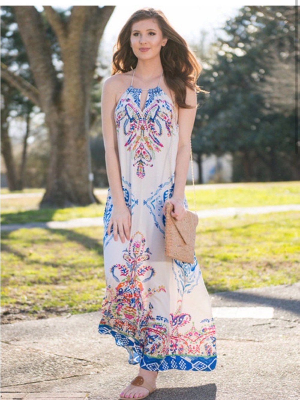 Women’s Cream Halter Maxi Dress with Blue & Pink Print
